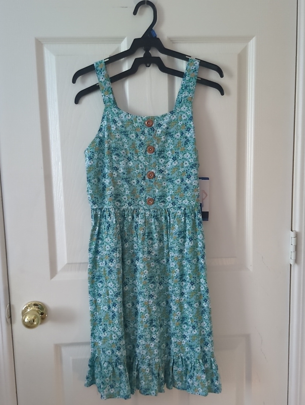 Girls Large 14/16 Zunie Aqua Floral Sundress with Wooden Buttons
